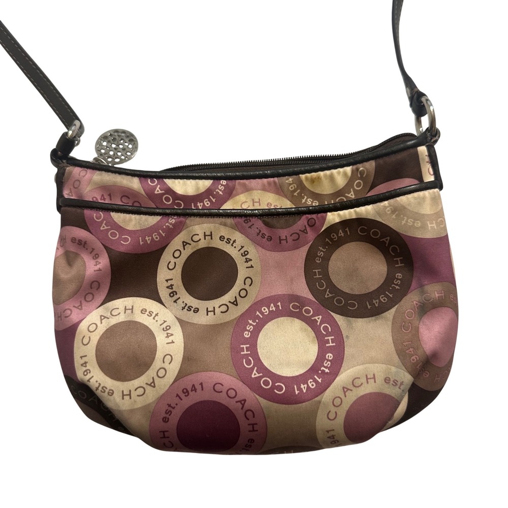 Coach Crossbody Bag Womens Small Pink Brown Optic Circle Signature Zip Purse